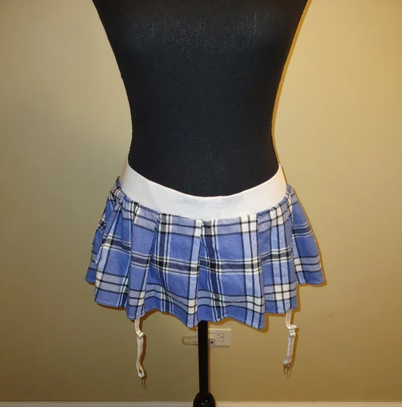 SOLD--Blue Plaid Pleated Micro Mini Skirt - Picture 3 of 15